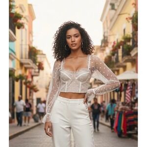 RUNAWAY Polka Dot Sheer Sleeve Corset Top Beige White Size S